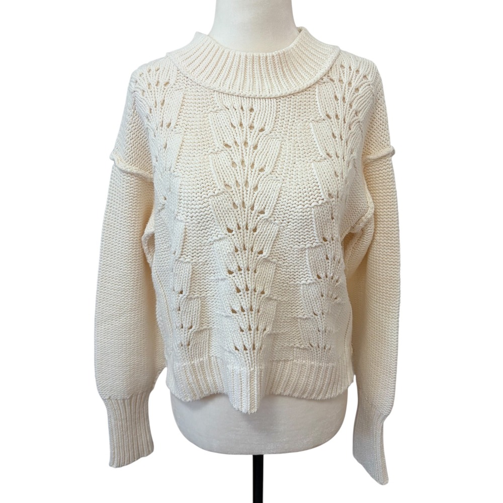 Free People Belle Song Size Small Pointelle Knit Sweater Cream Ivory Boho - Picture 4 of 10